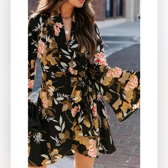 Fore Dresses & Skirts - Fore Floral Wrap Dress With Bell / Flare Sleeves